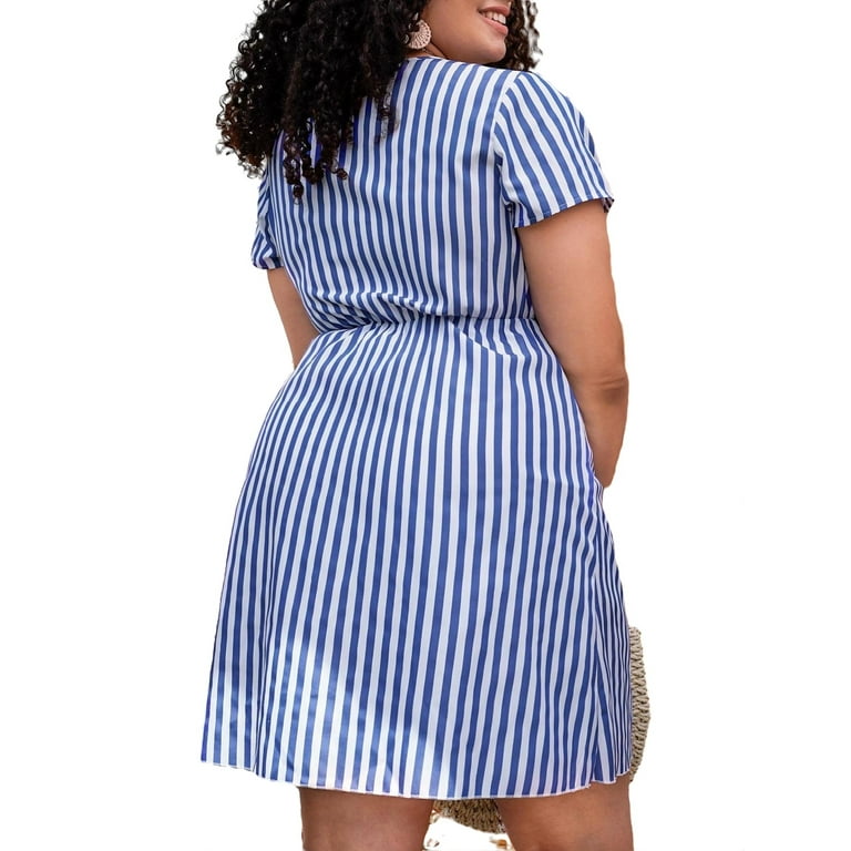 Navy blue and white striped dress plus size outlet