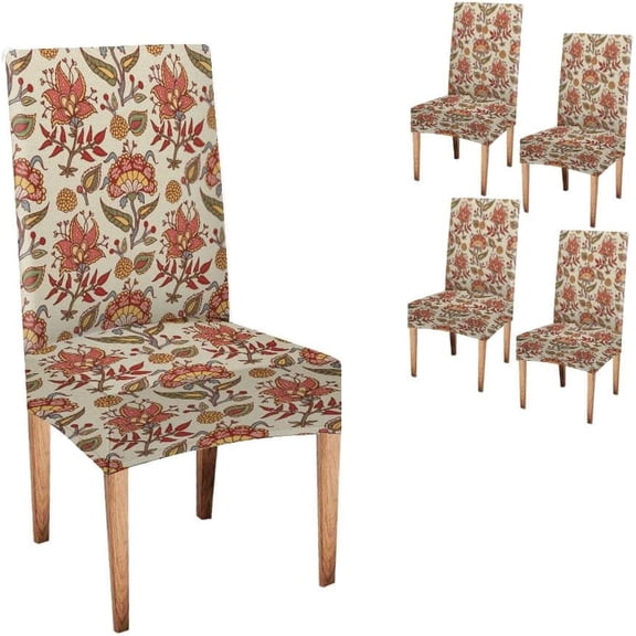 Kitchen Chair Covers Set of 4, Batik Red Boho Print Floral Printed Chair Cover Elastic Washable Chair Cover for Kitchen Home or Party
