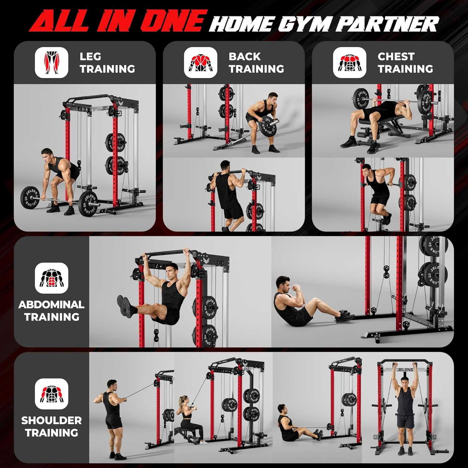 Multi-Function Power Rack Cage,2000lbs Dual Pulley Cable Crossover Machine with J Hooks, Dip Bars & Landmine for Home Gym
