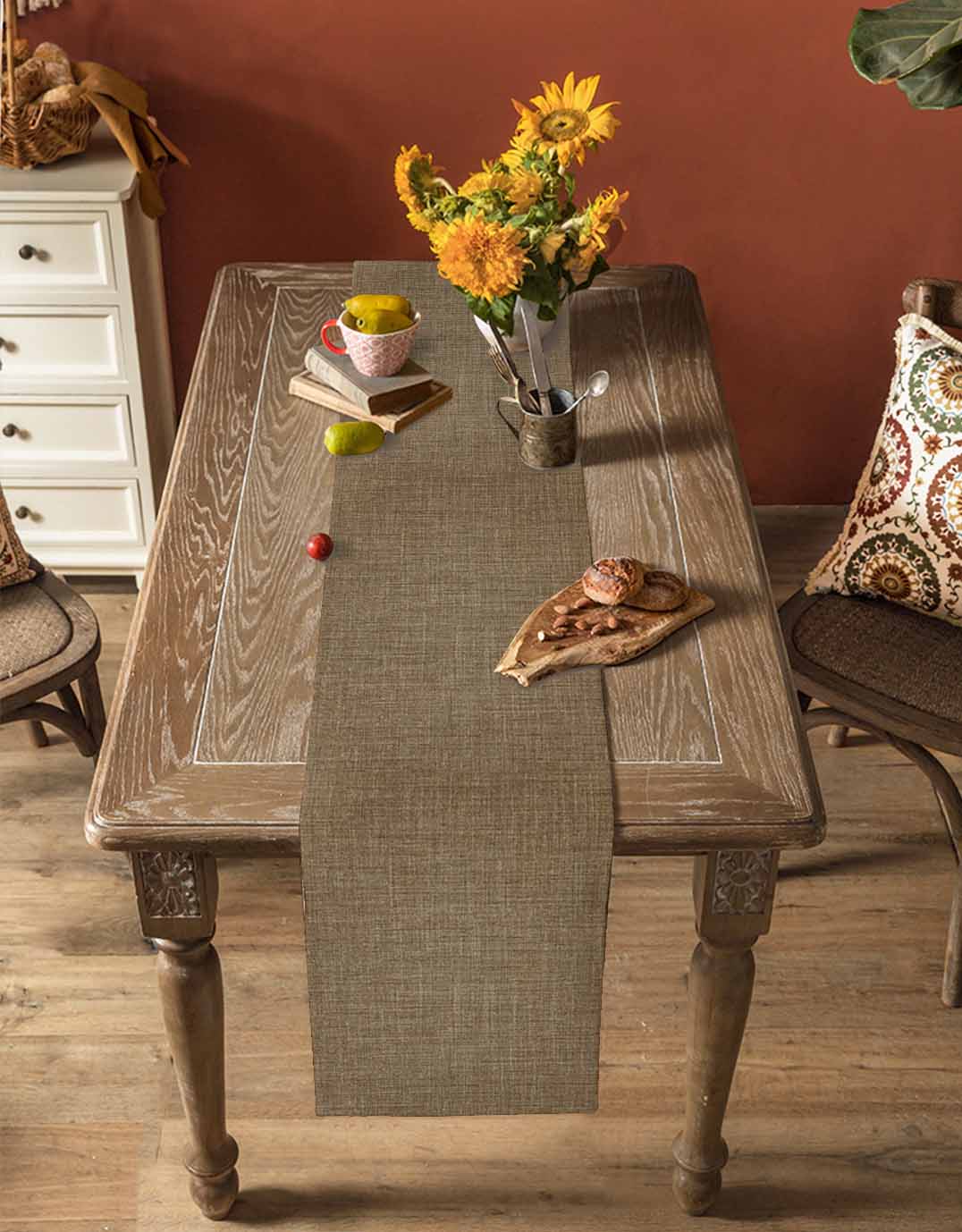 Table Runners 72 Inches Long Dress Scarves, Vintage Brown Farmhouse Kitchen/Dining Table Runner, Coffee Tablerunners, Farmhouse Retro Dark Solid Color Linen Texture 13x72 Inch