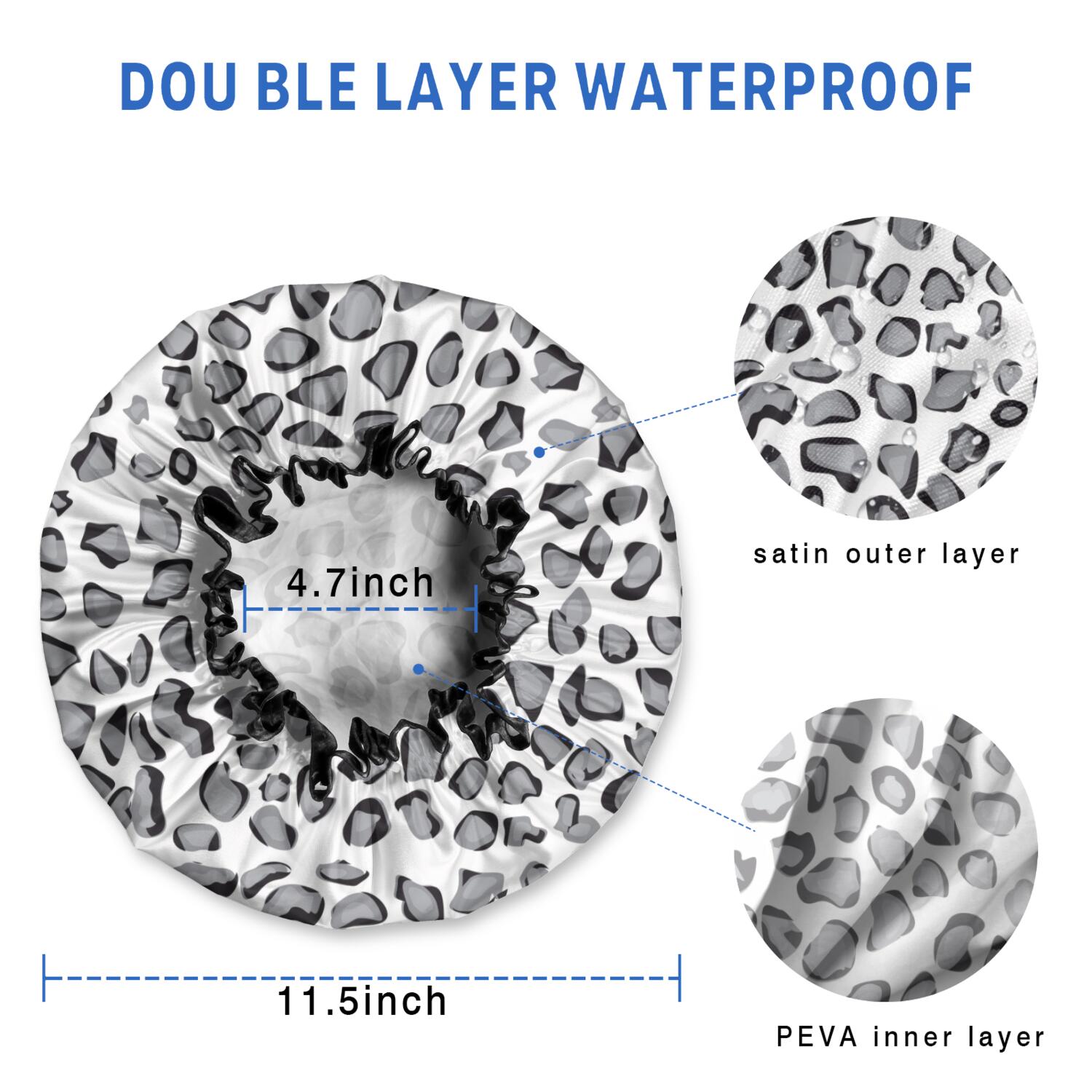 Shower Caps,White and Gray Of Leopard Print Waterproof Shower Cap for Women 4 Pieces,Double Reusable Hair Cover for Shower PEVA Elastic Stretch Hem