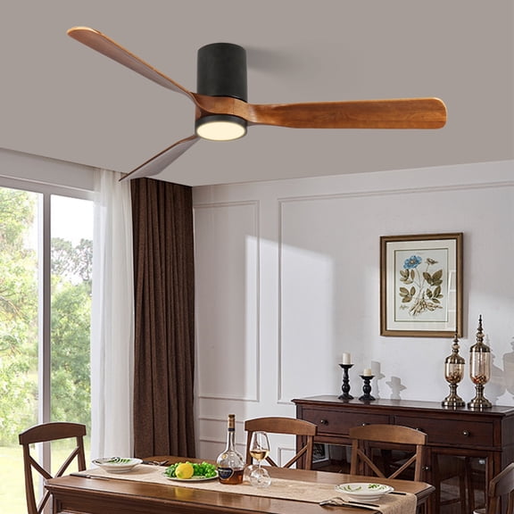 60 Inch Ceiling Fan with LED Light and Wood Blades –Indoor/Outdoor, Matte Black 6-Speed DC Motor, Remote Control, All-Weather Flush Mount Fan