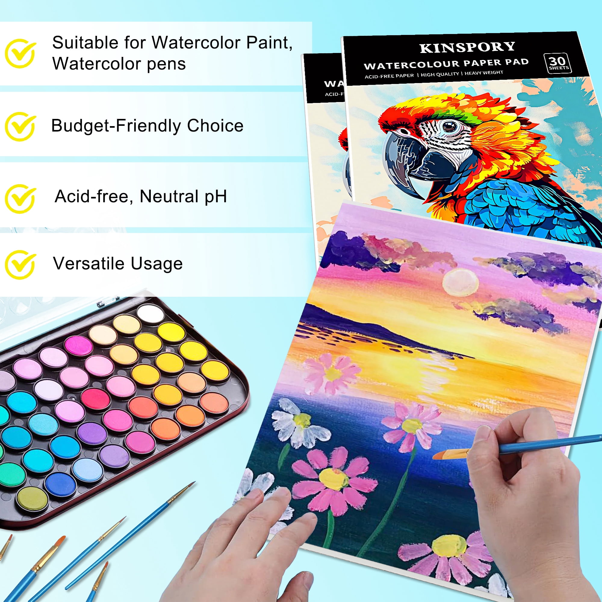 KINSPORY Watercolor Paper Pad, 2-Pack, A4, 30 Sheets, 140lb/300gsm, Painting Sketchbook for Artists, Adults, Kids