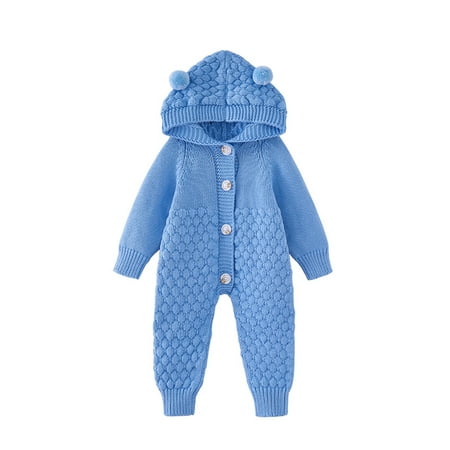 

Beiwei Newborn Warm Buttons Bodysuit Solid Color Casual Playsuit Baby Pompom Party Jumpsuit Blue L