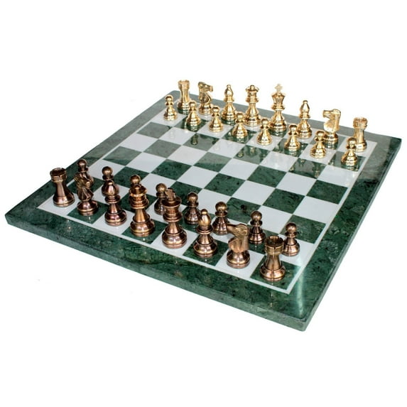 StonKraft 20" x 20" Collectible Green Marble Chess Game Board Set + Brass Crafted Pieces Chessmen Coins