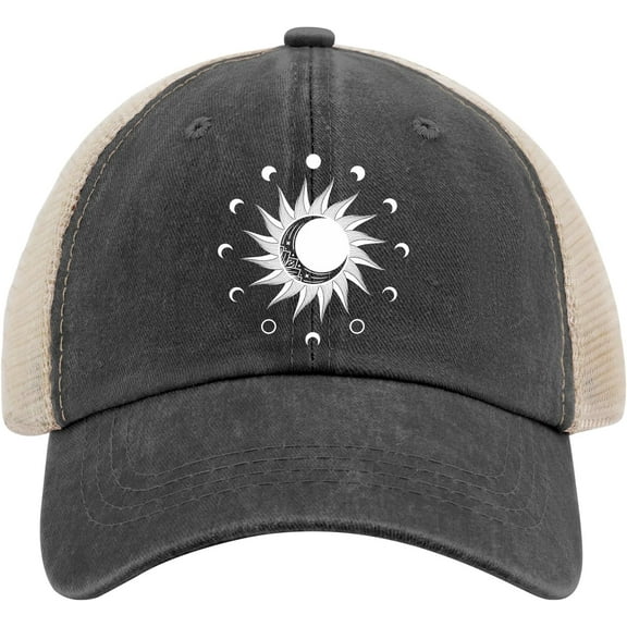 Sun & Moon Phase Hats for Men Baseball Caps Trendy Washed Dad Hat Fitted, Allblack