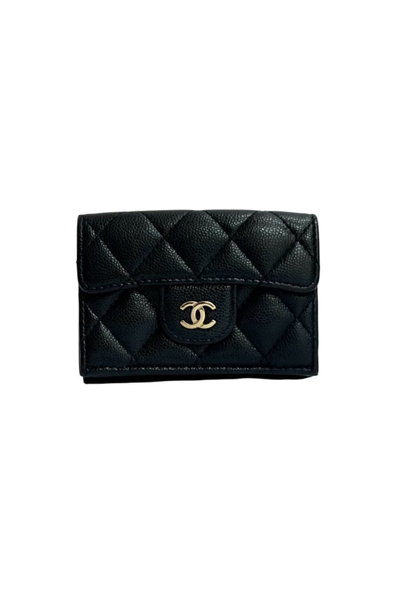 Pre-Owned CHANEL Matelasse Coco Mark Caviar Leather Tri-fold Wallet, Black, 35357 (Good)