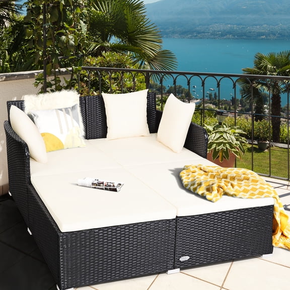 Gymax Rattan Patio Daybed Loveseat Sofa Yard Outdoor w/ Beige Cushions Pillows