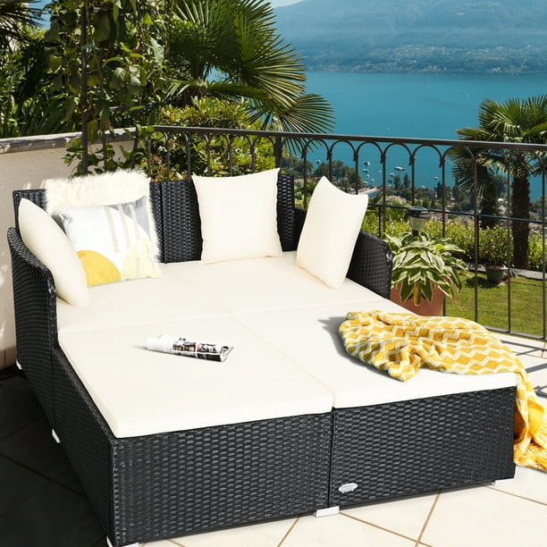 Gymax Rattan Patio Daybed Loveseat Sofa Yard Outdoor W Beige Cushions Pillows Com Gymax Rattan Patio Daybed Loveseat Sofa, Gymax Rattan Patio Daybed