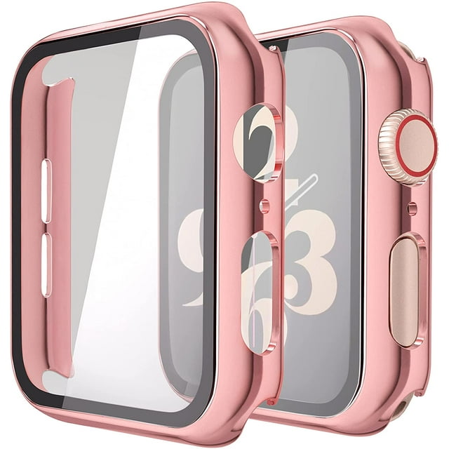 IBAOLEA 2 Pack Hard PC Case with Tempered Glass Screen Protector Compatible with IBAOLEA Watch Series 6 SE Series 5 Series 4 40mm, 1 Rose Pink + 1 Transparent 1 Rose Pink + 1 Transparent 40mm