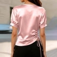 thumbnail image 3 of cocolona Womens Summer Satin Tops V Neck Short Sleeve Drawstring Side Slim Fit Shirt Trendy Casual Solid Color Blouses, 3 of 5