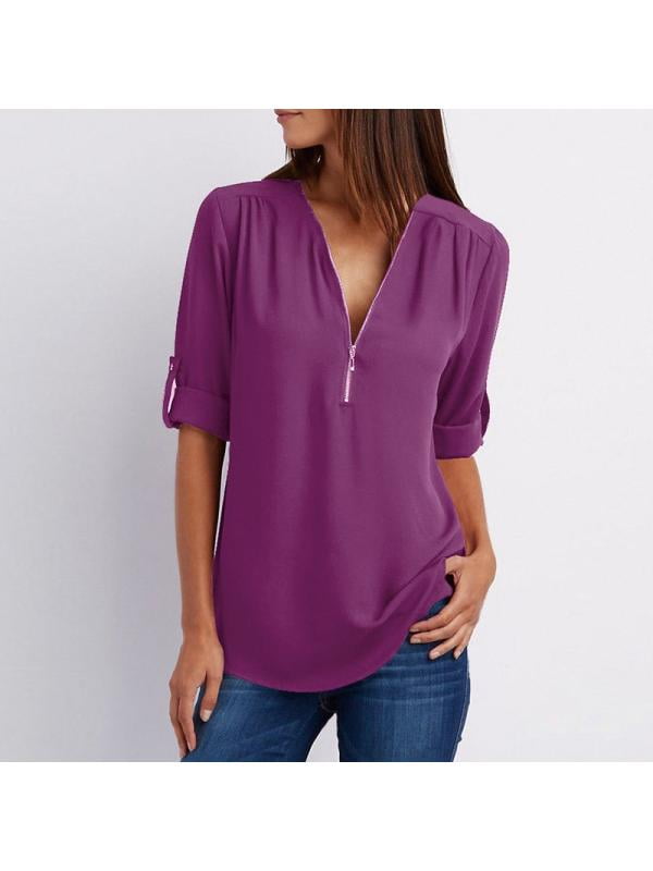 Women's V Neck Chiffon Blouse Half Zip Up Casual Tunic Shirts - Walmart.com