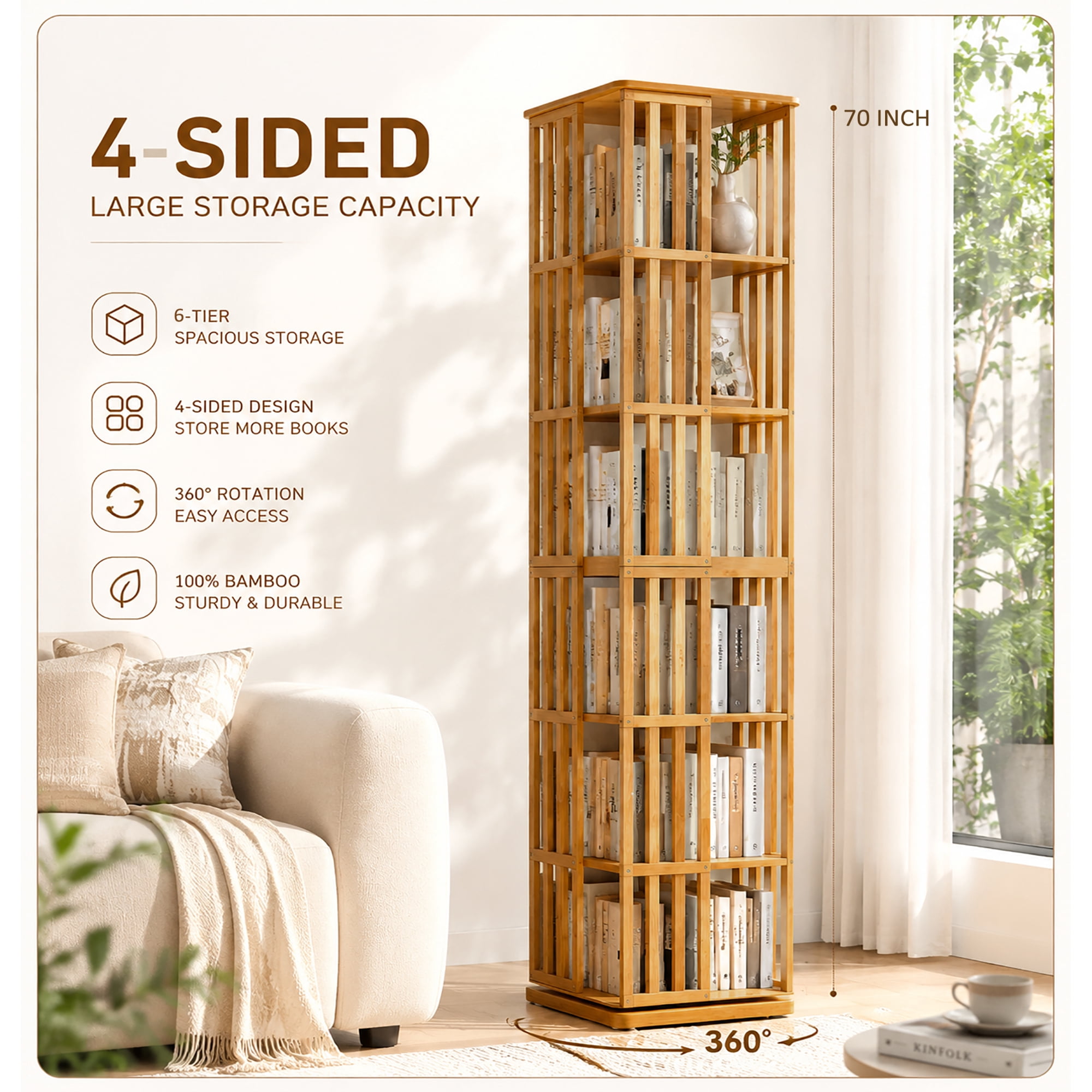 Leumius 6-Tier Rotating Bookshelf, 360° Display Spinning Bookcase, Bamboo Bookshelf Floor Standing Storage Rack, Wood Narrow Book Shelf Organizer for Kids Adults