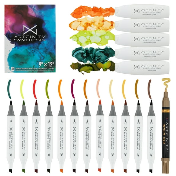 Artfinity Alcohol Ink - Peaches Set, 19 Pieces | 10 Sheets 9x12" Multimedia Paper | Fast-Drying, Permanent, Transparent Alcohol Inks for Gloss Paper, Glass, Metal | 25 ml  Bottles, Dual Tip Pens
