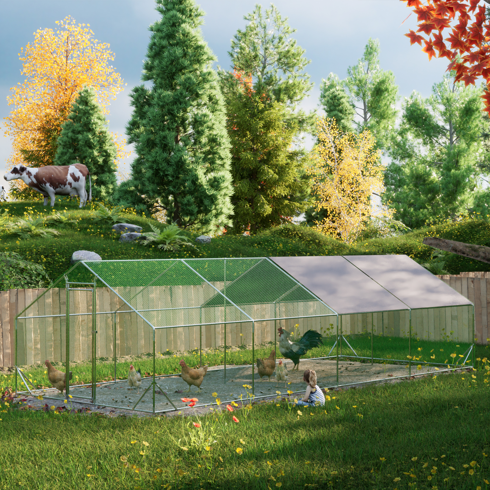 Large Metal Chicken Coop, Walk-in Chicken Run, Galvanized Wire Poultry Chicken Hen Pen Cage, Rabbits Duck Cages with Waterproof and Anti-Ultraviolet Cover for Outside(10' L x 26' W x 6.56' H)