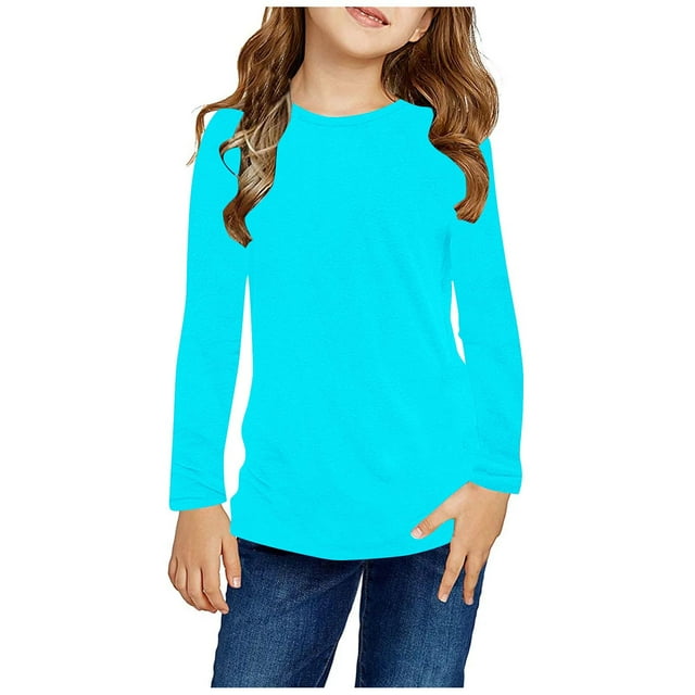 RXIRUCGD Chemises à Manches Longues pour Filles, Col Rond Mignon, Blouses Décontractées Élégantes, Bleu Ciel, Taille : 11 Ans