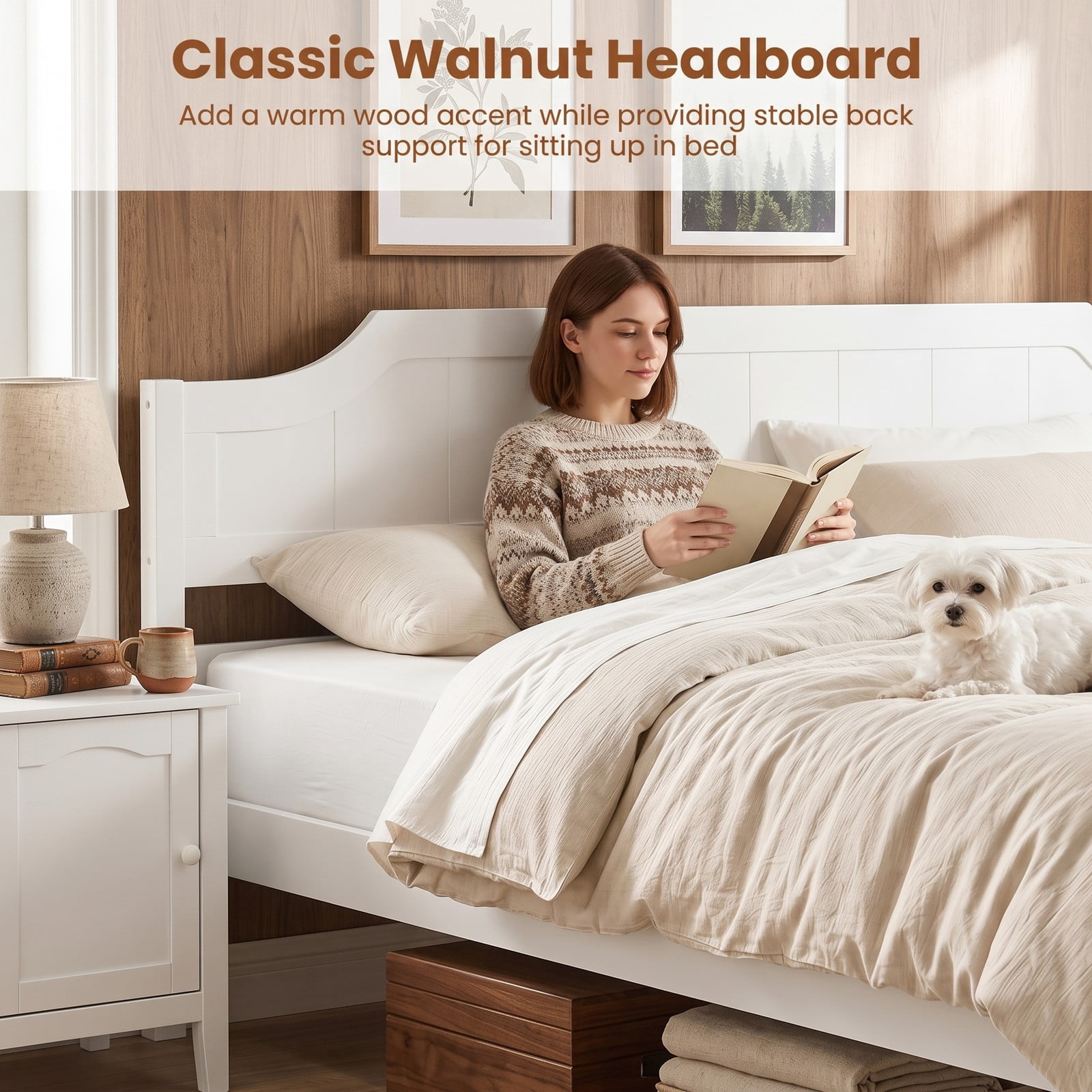 Furnibear King Size Bed Frame, Solid Wood Platform Bed Frame with Curved Headboard and Footboard, King Bed Frame with Headboard No Box Spring, White