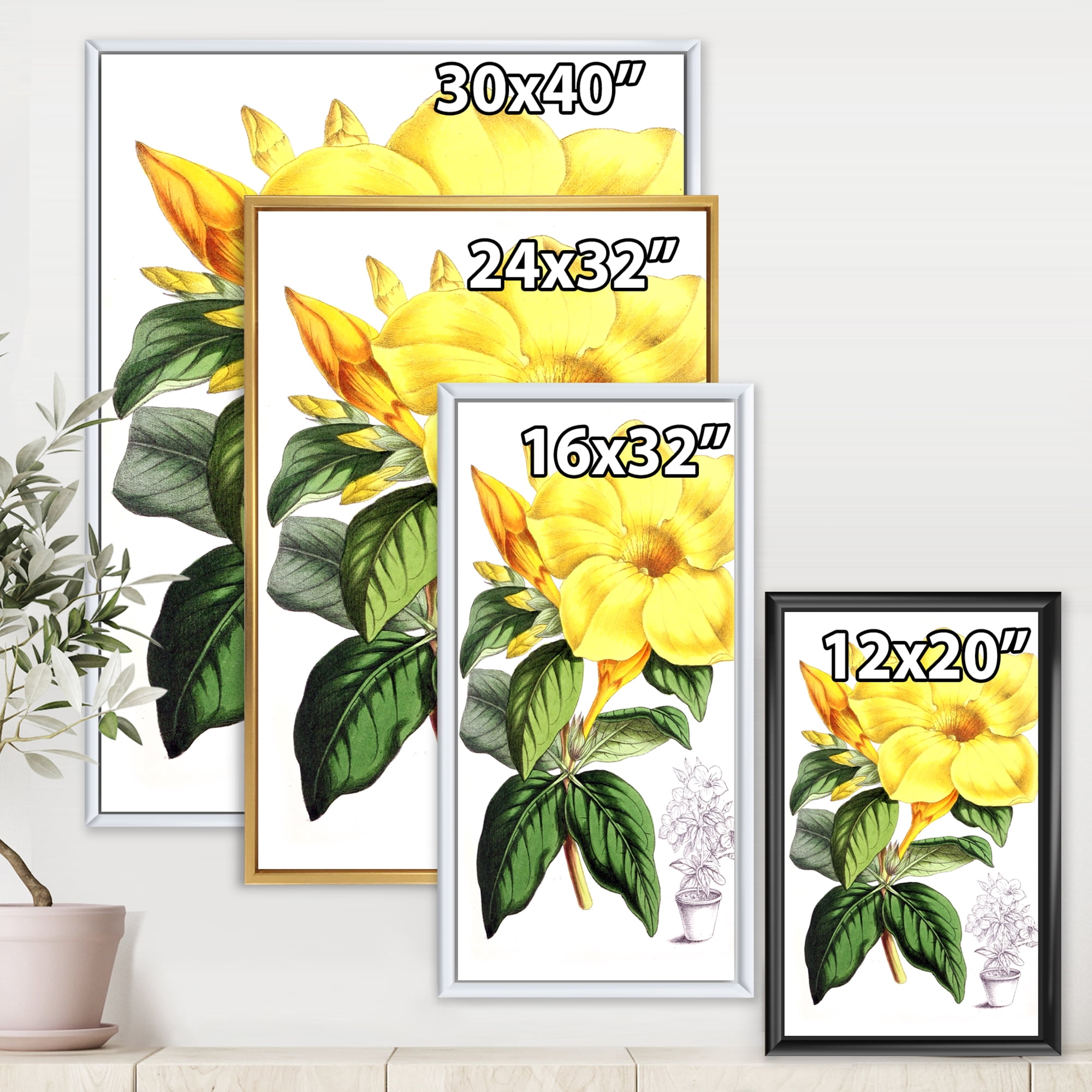Green Leaves With Tropical Yellow Flowers II 30 in x 40 in Framed Painting Canvas Art Print, by Designart