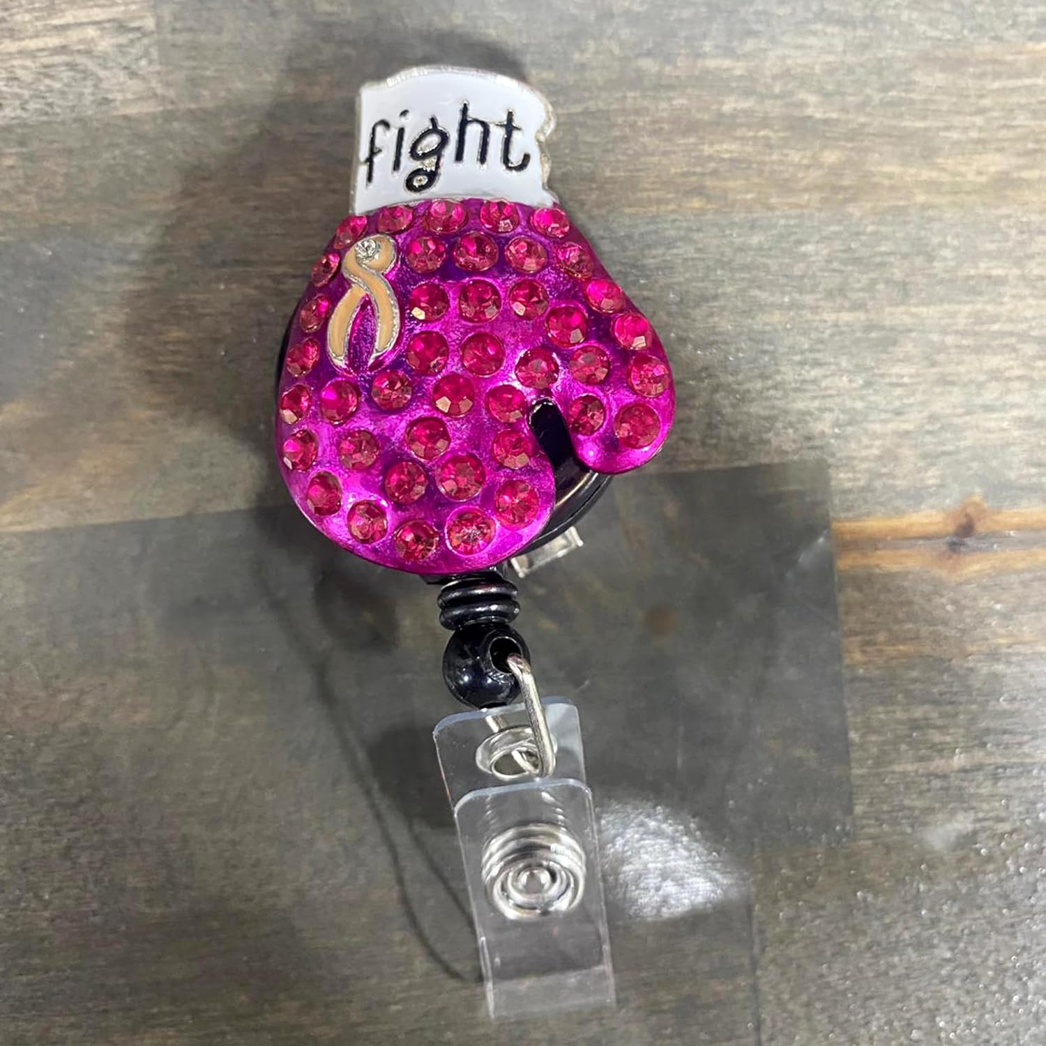 5 Pack - Fight Pink Boxing Glove Bling Badge Reel – Breast Cancer Awareness Retractable ID Holder