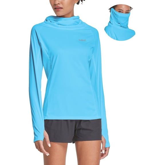 Baleaf Women's Hiking Long Sleeve Shirts with Face Cover Neck Gaiter UPF 50 Lightweight Quick Dry SPF Fishing Running Hoddie Blue Size XL