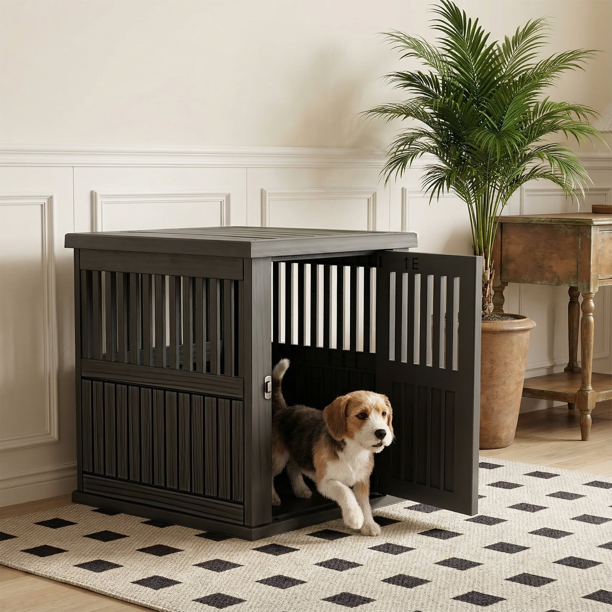 MAYEERTY Lockable Gate Pet Crate, Furniture-Style Kennel & Side Table for Home Patio, Black