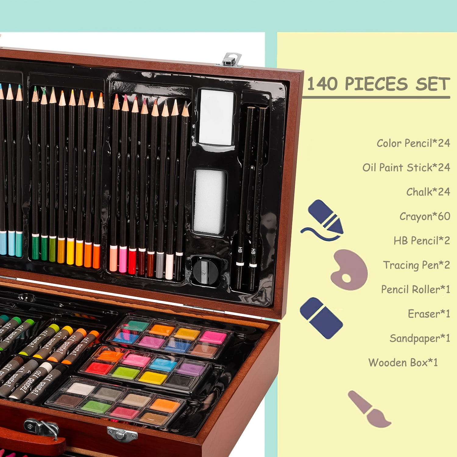 Xueyu All in One 140 PCS Wooden Art Supplies Set with Drawer, Unleash Your Creativity with a Diverse Array of Premium Tools, Including Brushes, Crayons and Watercolors for Every Artistic Endeavor