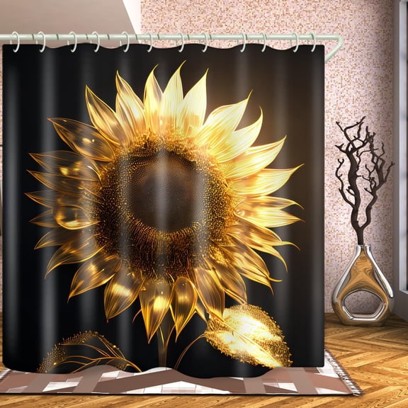 Bathroom Equipped with 3D Golden Sunflower Decorative Shower Curtain, Fabric Shower Curtains with 12 Shower Curtain Hooks, Bathtub Curtains, 72x72 Inch Waterproof Shower Curtain