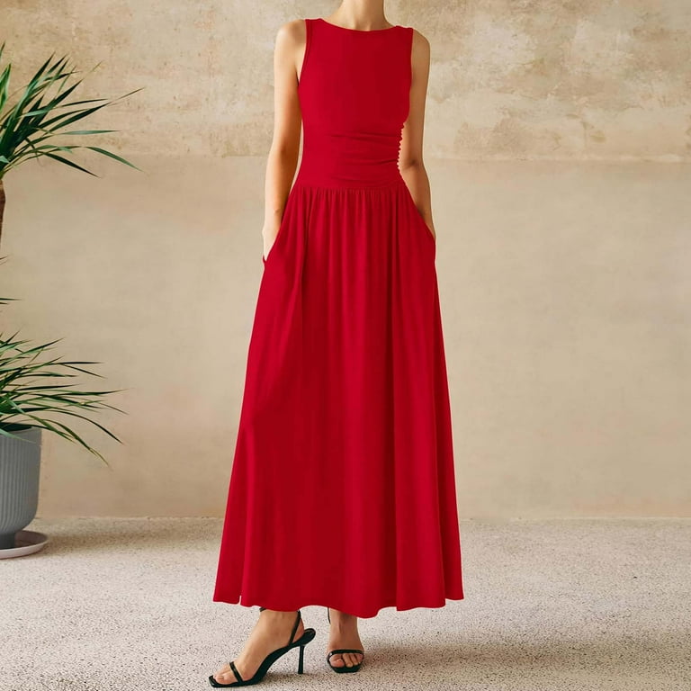 OSFVNOXV Formal Dresses for Women Sleeveless Casual Summer Maxi Dress High  Waisted Boat Neck Floor Length Wedding Guest Dress - Walmart.com