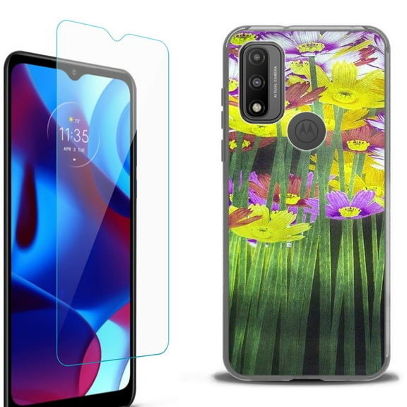 Slim-Fit Protective Phone Case (Black) compatible with Motorola Moto G Pure 5G, with Tempered Glass Screen Protector, by OneToughShield ® - Dream Flower