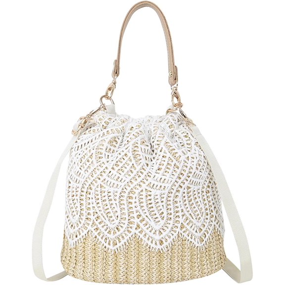 Kukuzhu Straw Bucket Bag for Women, Summer Straw Beach Bag Woven Bucket Bag Drawstring Purses Hobo Handbag for Vacation