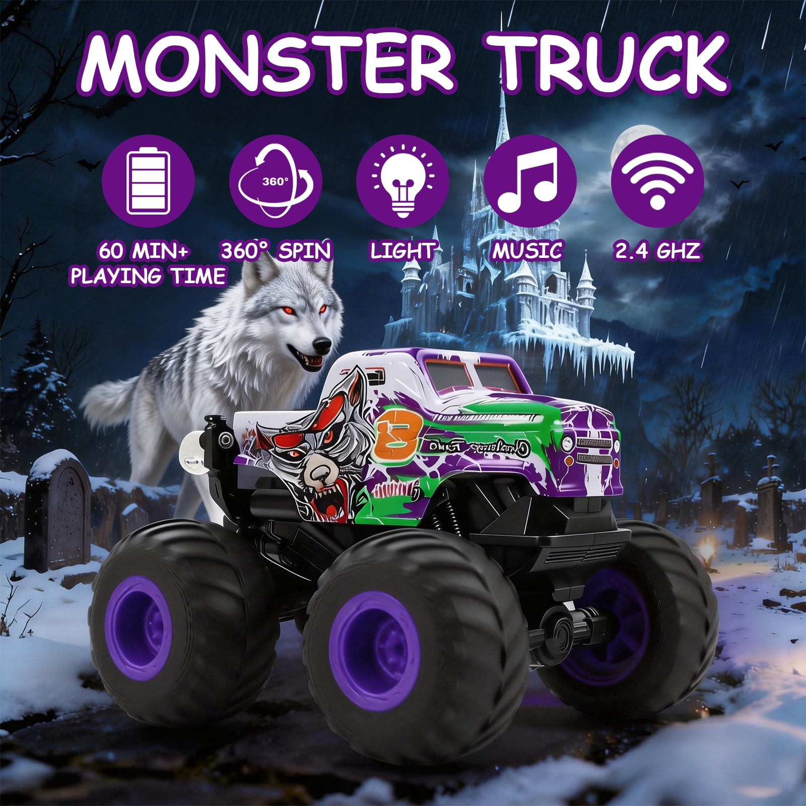 VKFVKF RC Monster Trucks, Remote Control Car with Light & Sound, 360° Rotating RC Stunt Car for Boys