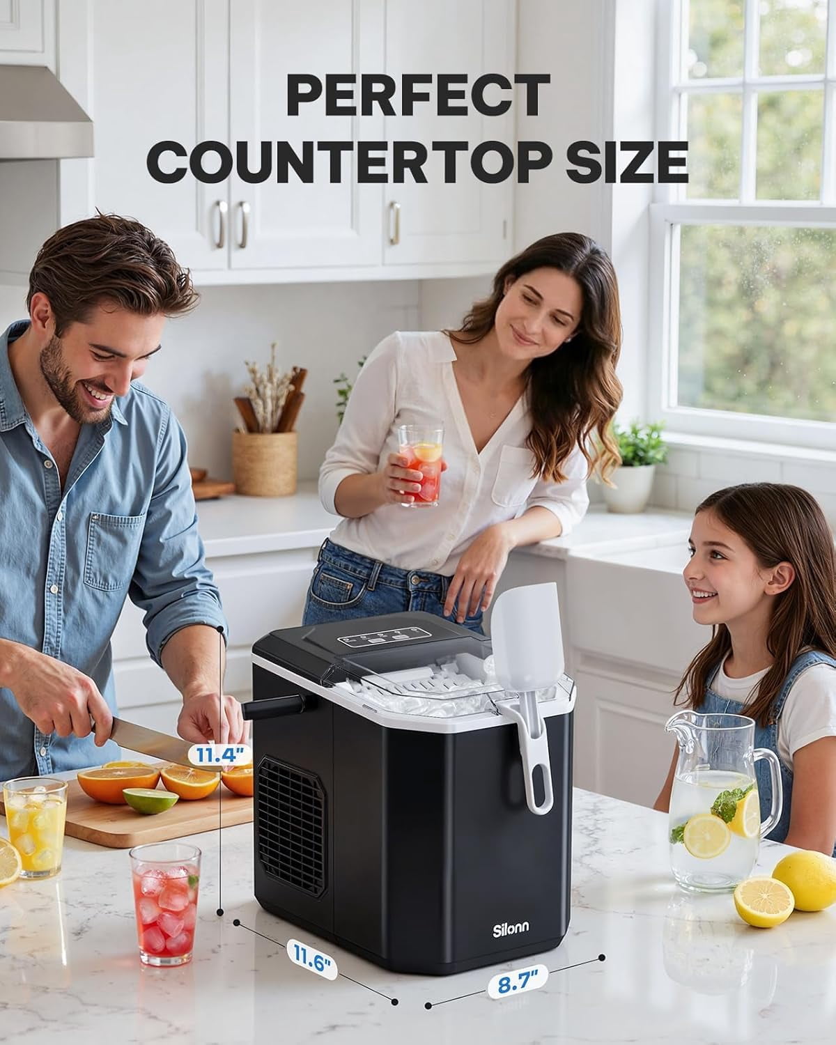 Ice Maker Countertop Machine with Handle, 26lbs in 24h, 9 Ice Cubes Ready in 6 Mins, Self-Cleaning Ice Makers with Basket and Scoop, Ideal for Home, Kitchen, Camping, RV