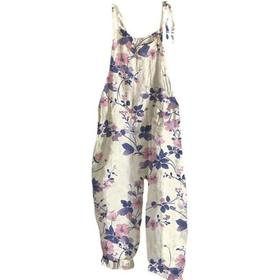 Linen Pants Women, Blue Boho Floral Jumpsuits Sleeveless Spaghetti Strap Baggy Romper Wide Leg Overalls with Pockets, Wide Leg Pants Woman, 3XL, Palazzo Pants for Women, S-5XL, Boho Pants for Women