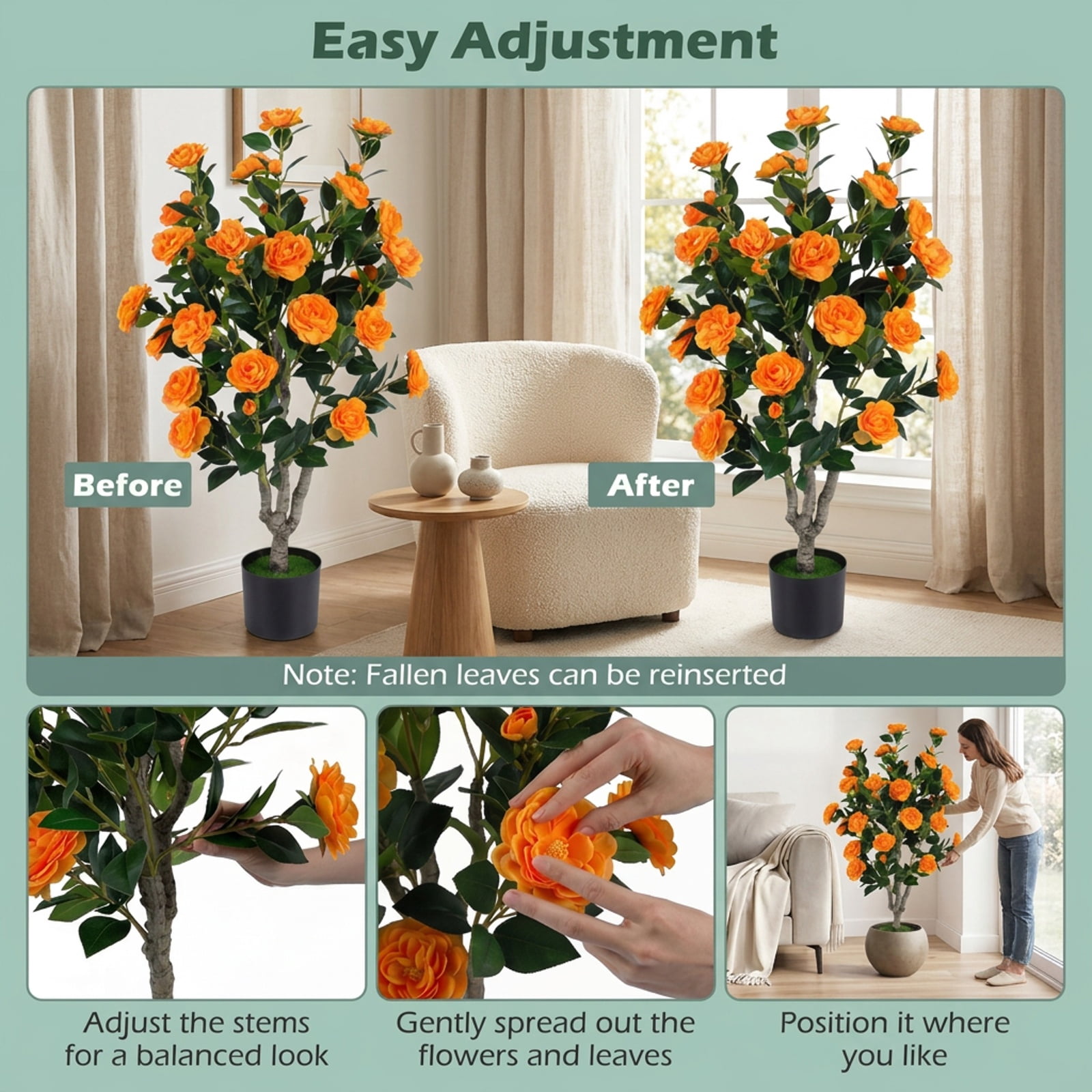 Vebreda Artificial Plant Decor, 39.5" Artificial Camellia Tree with Orange Blossoms in Cement Pot for Home Decoration, Selected Materials