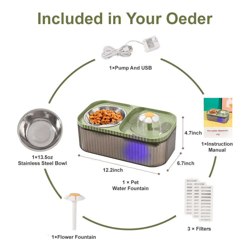 Marchul 3L Cat Water Fountain & Food Bowl, Automatic Pet Water Dispenser with Stainless Steel Cat Bowl Set, BPA-Free, 3 Replacement Filters, Green