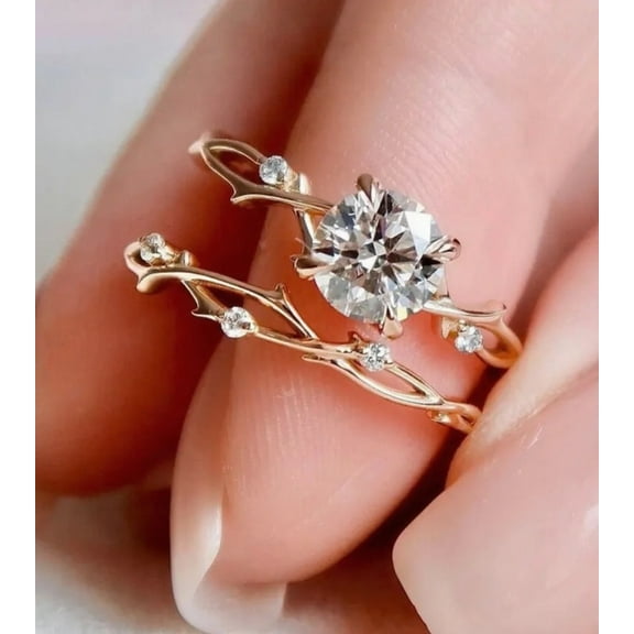 Round Cut Dainty Branch Bridal & Anniversary Wedding Ring 1 CT Round Cut Twig Engagement Ring Set 14K Rose Gold Plated Moissanite Promise Ring Set