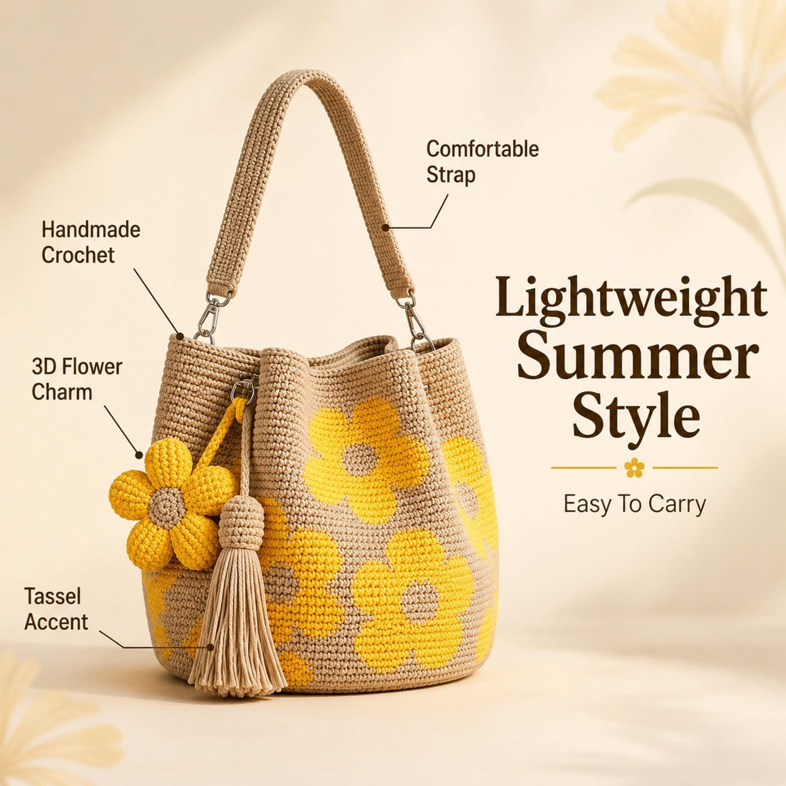 Handmade Crochet Flower Tote,Casual Woven Tote Bag,Floral Knit Shoulder Bag,Shoulder Bags With Floral Tassel