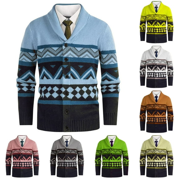 WAENQINLA Men's Jacquard Printed Sweaters Shawl Collared Button Up Cardigan Jackets Long Sleeve Open Front Knitwear Tops Yellow XXL