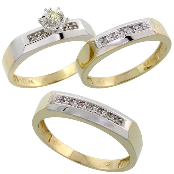 10k Yellow Gold Diamond Trio Wedding Ring Set His 5mm & Hers 4.5mm Ladies Size 6