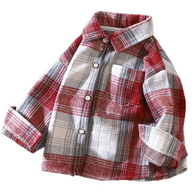 Splozh Veste d'Automne Garçons et Filles Chemise à Carreaux à Manches Longues Cardigan Rétro à Blocs de Couleur Haut à Revers à la Mode et Polyvalent Veste Rouge,12-18 Mois
