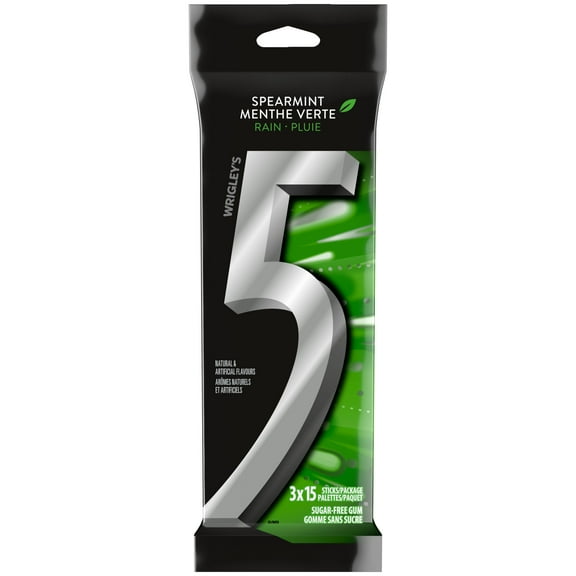 5 GUM, Spearmint-Rain Flavoured Sugar Free Chewing Gum, 15 Sticks, 3Packs