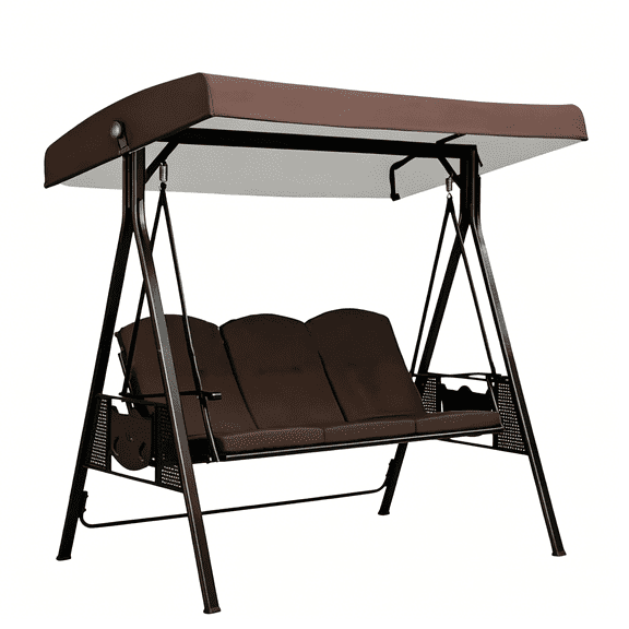 XIBUFE 3 Seat Outdoor Porch Swing Convertible Patio Swing Bed with Cup Holder Adjustable Canopy Stand Garden