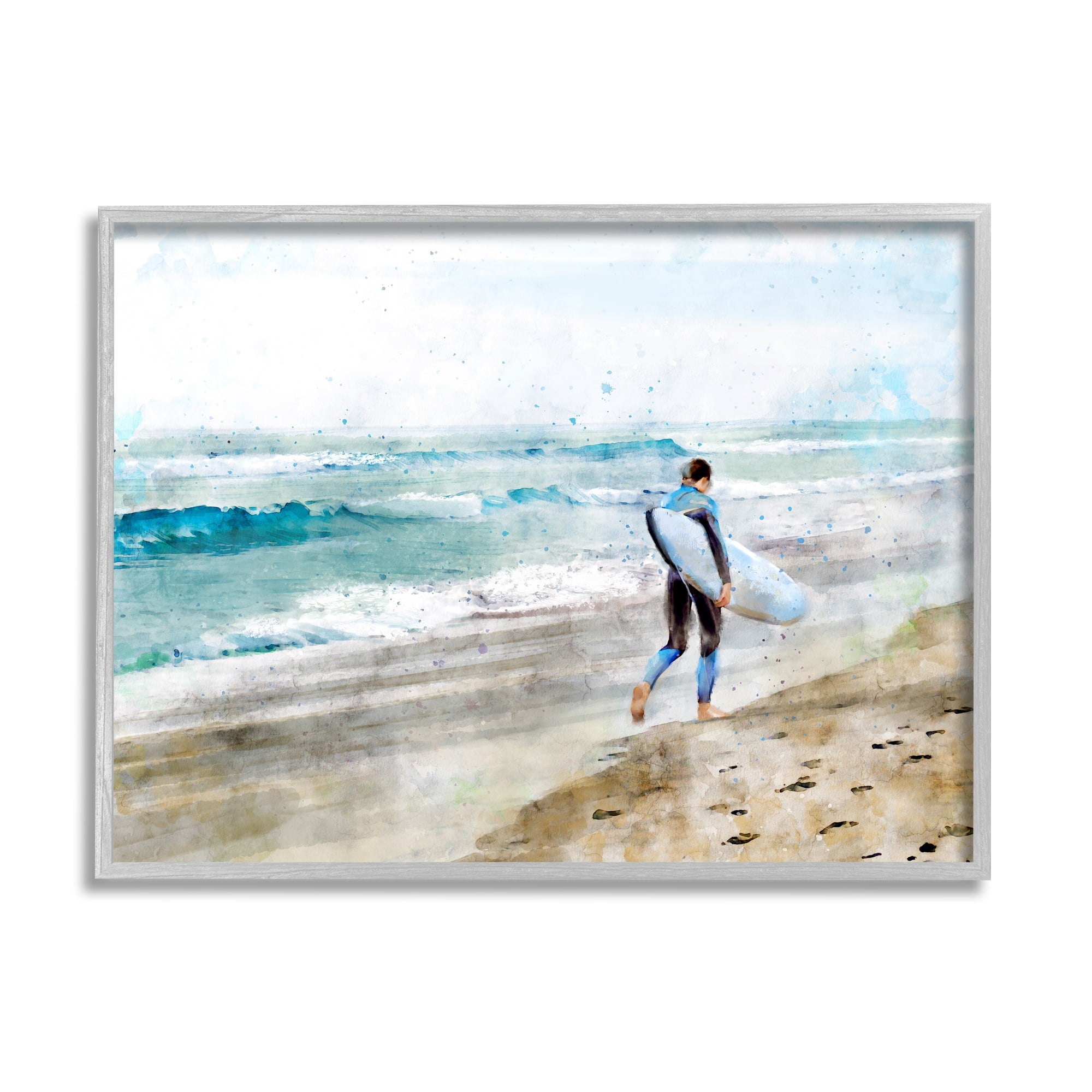 Stupell Industries Summer Surfer Walking Coast Incoming Tide Sandy Footprints, 30 x 24,Design by Ziwei Li