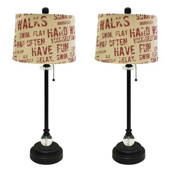 Royal Designs 28" Crystal and Oil Rub Bronze Lamp with Cream and Red Relaxing Phrase Print Drum Hardback Lamp Shade, Set of 2