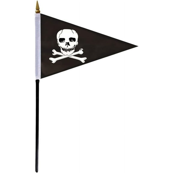 AGAS Jolly Roger Bow Pennant Pirate Small Hand Waving Flag 4x6 inch - Polyester Fabric 11 inch Plastic Pole - Pirate Flagstick