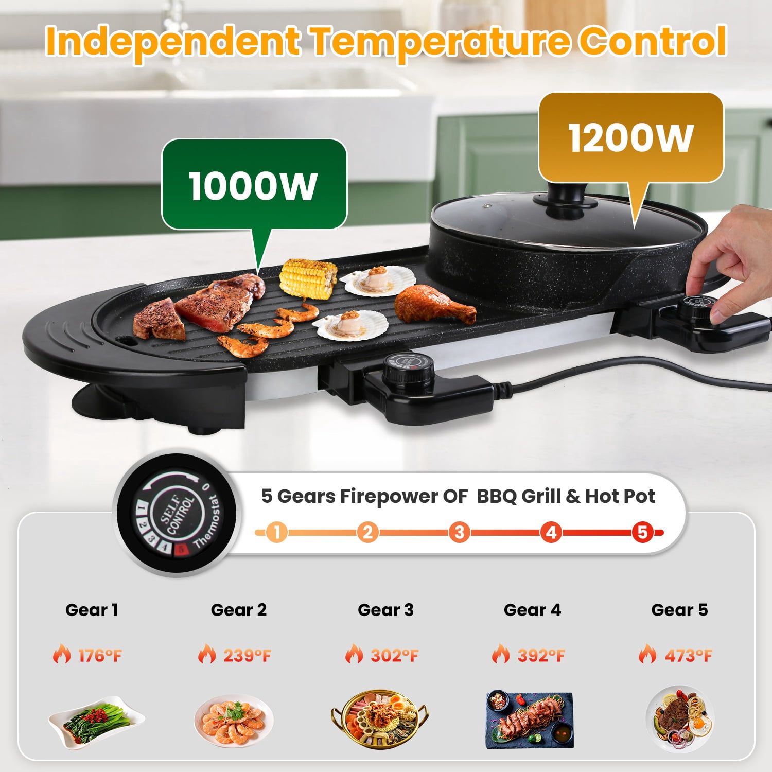 Electric Hot Pot Electric with Grill, 2 in 1 Indoor Non-Stick Electric Pot and Griddle for Korean BBQ Steaks Shabu with Independent Dual Temperature Control