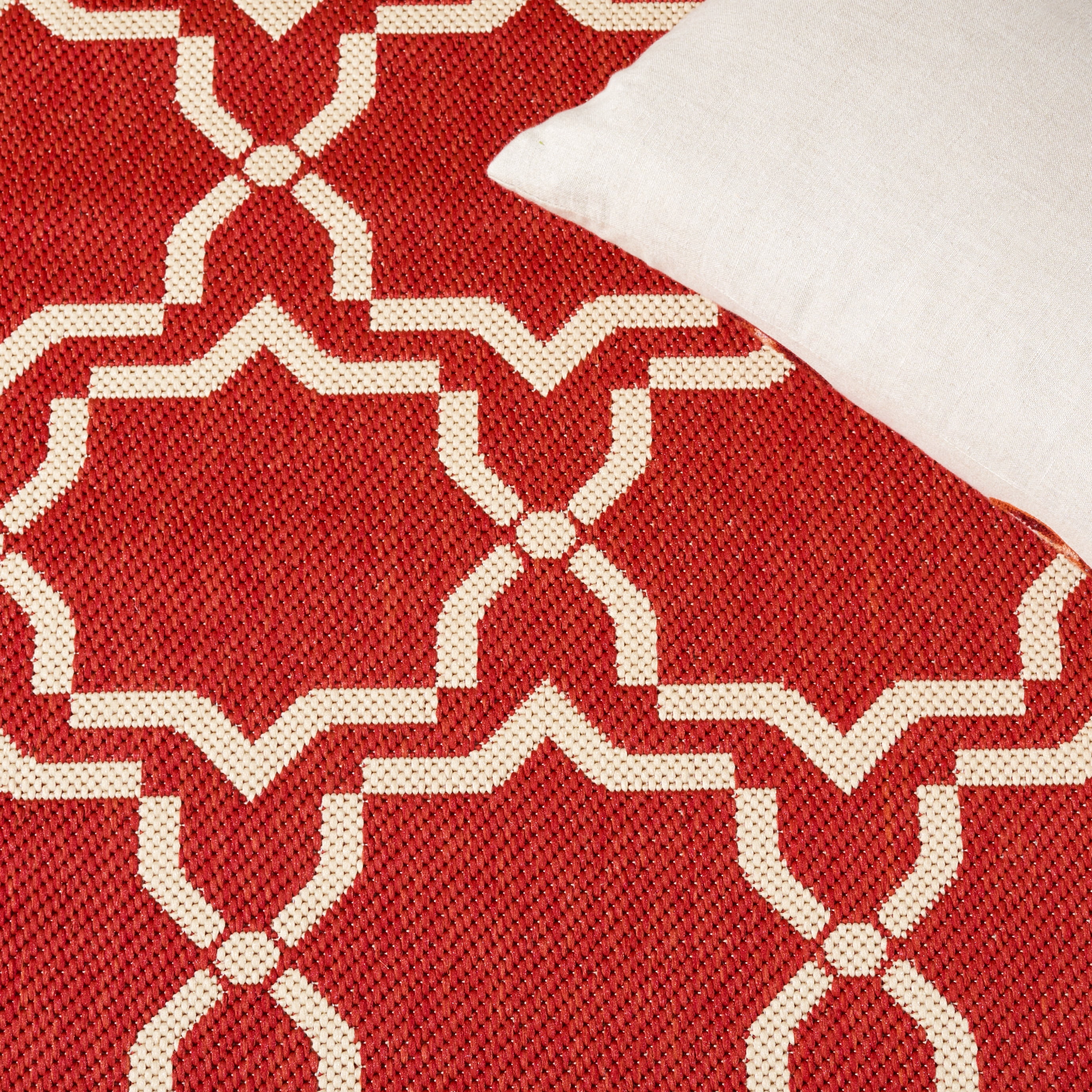 SAFAVIEH Courtyard Allison Geometric Bordered Indoor/Outdoor Runner Rug, 2'3" x 8', Red/Bone