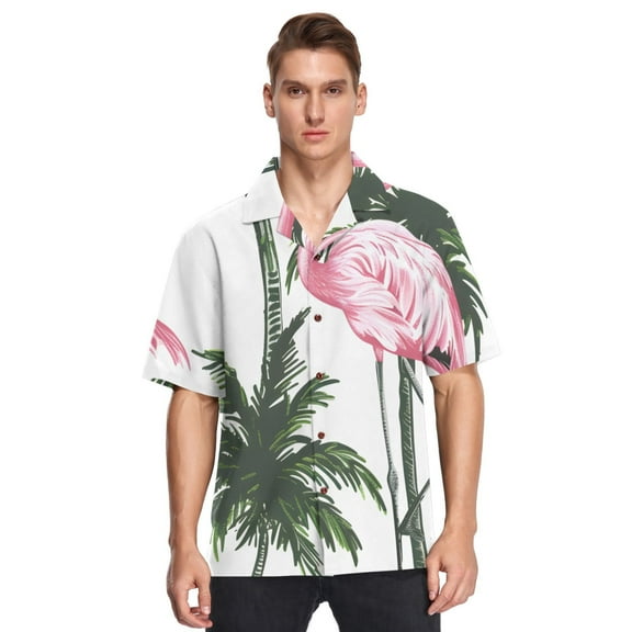 Ckdifva Flamingo with Palm Trees Mens Button Down Short Sleeve Shirt Casual Shirts Beach Hawaiian Shirts