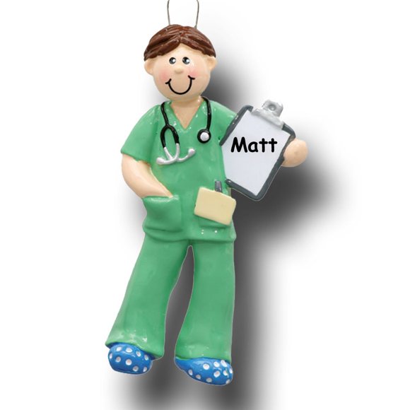 Personalized Male Nurse in Scrubs Christmas Ornament - Doctor Physician Nurse Medical Tech Practitioner in Green Uniform Scrubs - Medical Appreciation Gift - Free Custom Name
