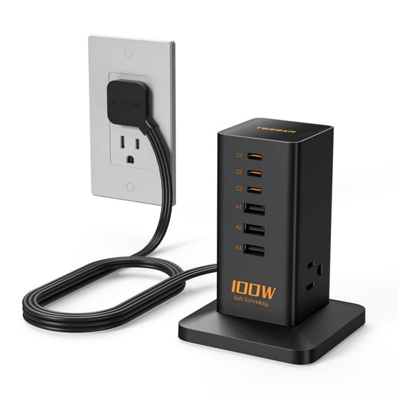 Charging Station PD 100W, TESSAN 9-in-1 USB C Power Strip for iPhone 16/15, MacBook, Tablet, Desktop Phone Fast Charger with 3 AC, 3 USB-A Ports, Home Drom Office Accessories